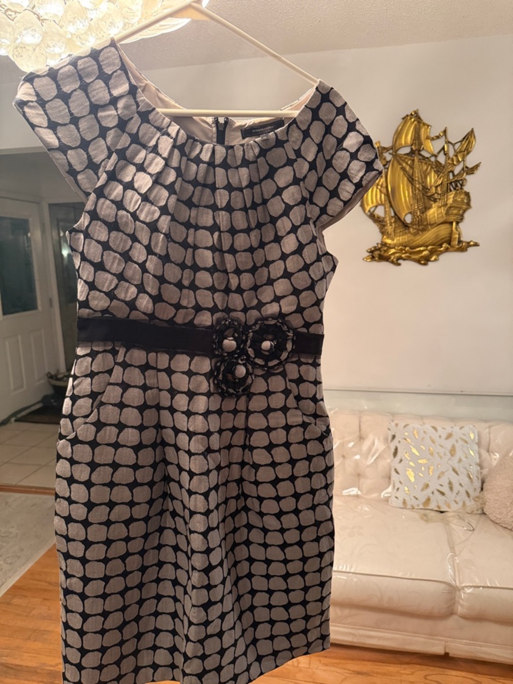 Women’s Black and Silver Printed Party Dress with Waist Belt